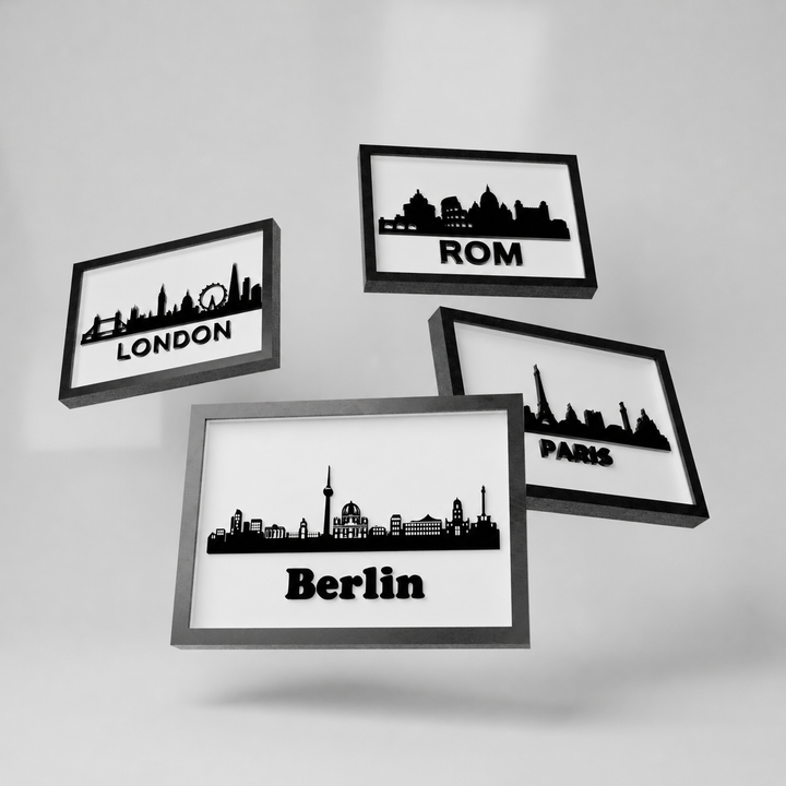Kollektion minimalistischer Stadt-Skylines aus Acrylglas